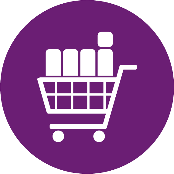 One stop shop icon showing the MI logo in a trolley